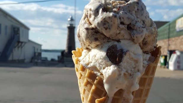 Cookies and cream ice cream on a waffle cone