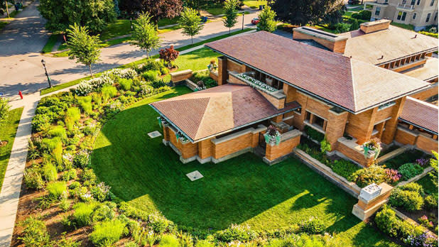Aerial view of the Frank Lloyd Wright Martin House after its full restoration