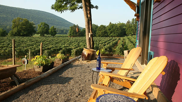 Two Adirondack chairs on a terrace next to a vineyard in the Finger Lakes, NY.