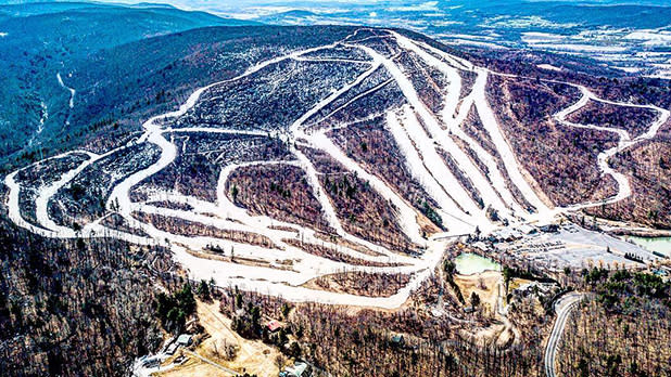 An aerial view of the ski trails at Catamount Mountain