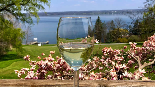 A glass of white wine sitting on a wooden table with a view of pink blossoming flowers and Cayuga Lake