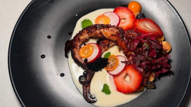 Plate of food, octopus and strawberries and radishes and sauce