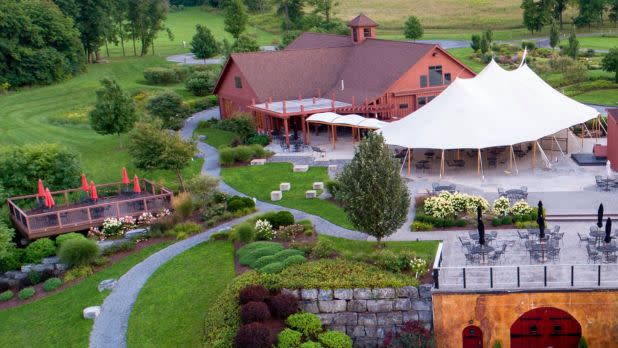 Aerial shot overlooking vineyard, lush greenery, and beautiful landscaping