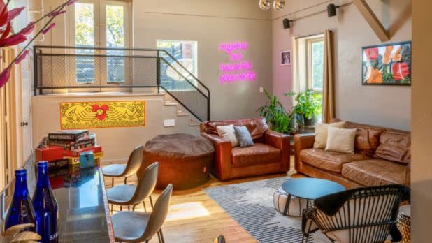 Interior of an Airbnb penthouse. Modern decor, colorful furnishings
