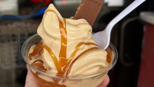 Close-up visual of a dish of soft serve ice cream covered in caramel and chocolate