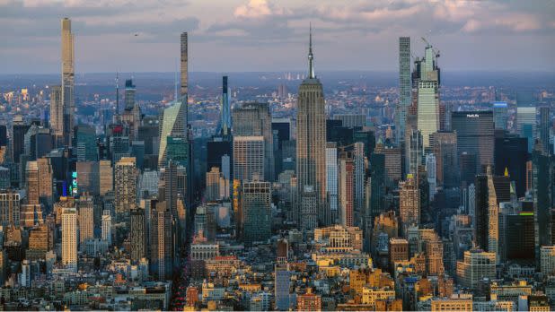 view of the NYC skyline from One World Observatory