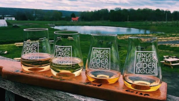 4 glasses of cider in front of a nature landscape