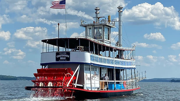 The Chautauqua Belle, an authentic Mississippi River-style steamboat, cruising along Chautauqua Lake