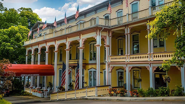 The yellow and white facade of the Chautauqua Institution