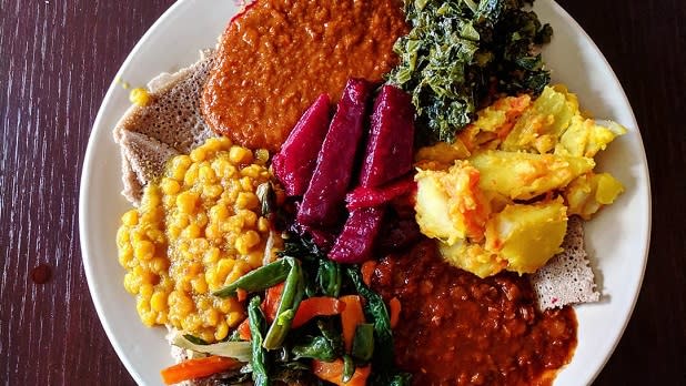 A full vegetarian plate at Hawi Ethiopian Cuisine in Ithaca