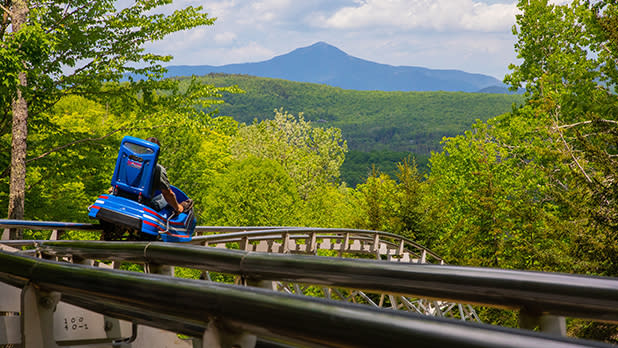 A blue mountain coaster riding along the tracks with views of the mountain and surrounding forest in summer