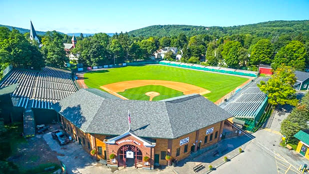 The green doubleday field in Cooperstown on a clear sunny day
