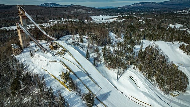 Aerial view of the Olympic Ski Jumping Complex in Lake Placid covered in snow