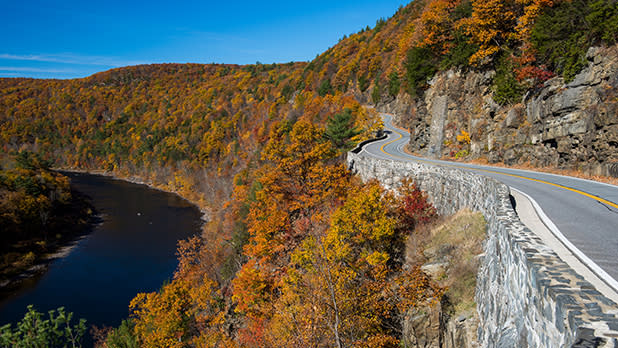 The Delaware River parallels the Upper Delaware Scenic Byway amid fall foliage