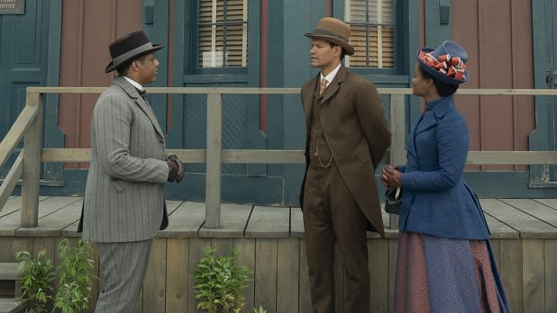 Denee Benton and Sullivan Jones as Peggy Scott and Mr. Fortune in the Gilded Age during a scene filmed at Old Bethpage Village