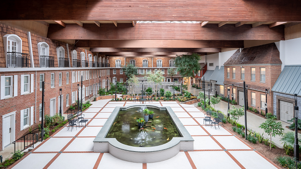 Interior of koi pond and suites decorated with brick