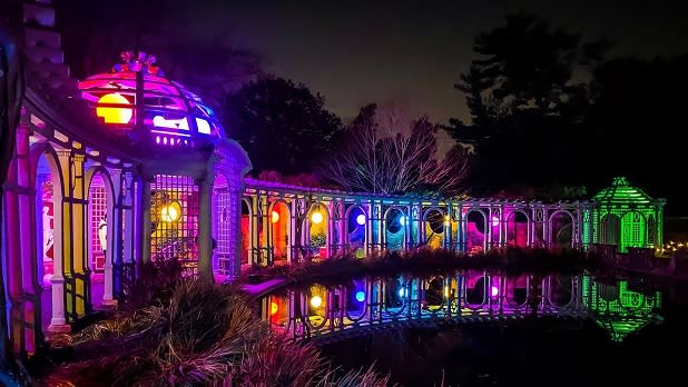 Colorful lights brighten Old Westbury Gardens during the Shimmering Solstice holiday light show