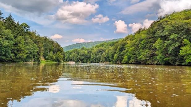 Mountains and lush green trees surround the Susquehanna River with clouds reflecting off the water