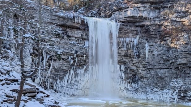 A partially frozen waterfall cascades down a rocky cliff surrounded by snow and ice-covered trees in a winter landscape.