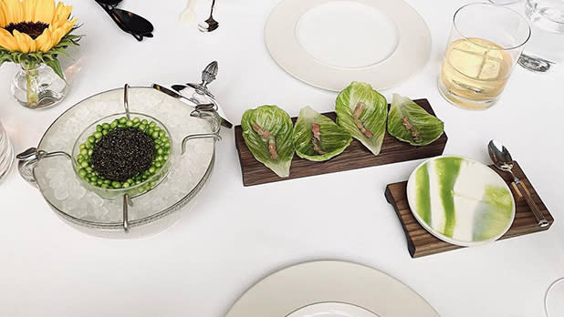A neat table of vegetarian dishes at Eleven Madison Park restaurant in New York City