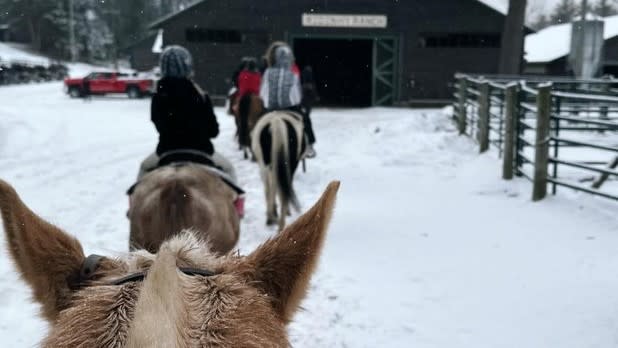 POV shot of a person horseback riding with a group in the snow at Ridin-Hy Ranch Adirondacks