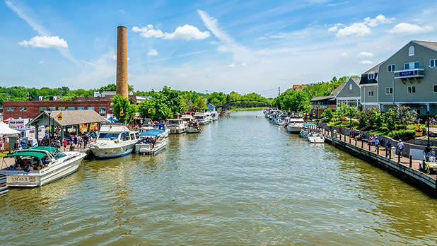 Boats line docks along the historic Erie Canal during the Fairport Canal Days event.