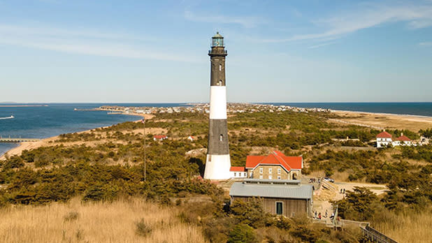Black and white lighthouse on Fire Island in Long Island.