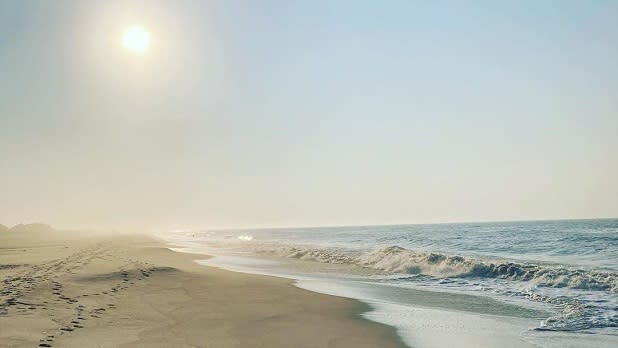 The sun shines above as the calm blue waves of the ocean washing up on the sandy beach of Fire Island
