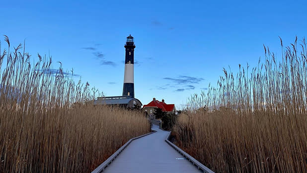 A snowy path to the Fire Island Lighthouse