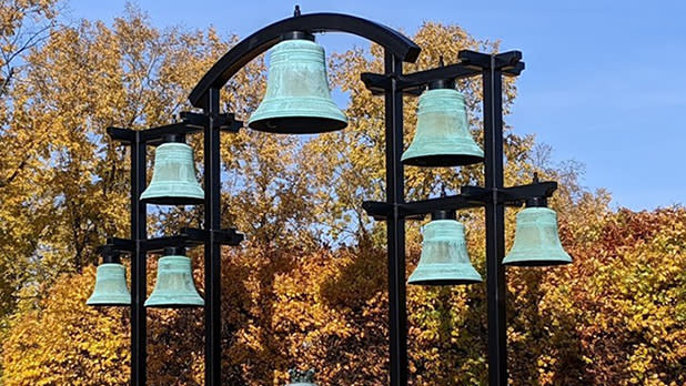 The bells of St. Joseph Cathedral stand amid fall foliage at Forest Lawn Cemetery in Buffalo