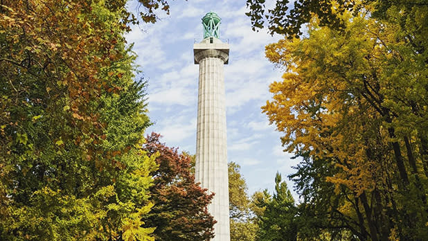 The Prison Ship Martyrs' Monument at Fort Greene Park surrounded by fall foliage