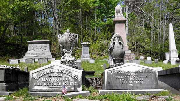 Several headstones seen at Fort Hill Cemetery in Auburn