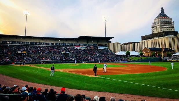 A picture of Frontier Field (a baseball field) where the Rochester Red Wings play
