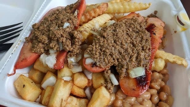 Garbage plate with fries, meat, beans
