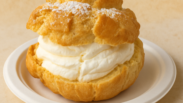 A traditional New York-style cream puff packed with whipped cream and topped with powdered sugar.