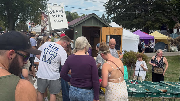 Crowded outdoor market with shoppers browsing vendors, a “Grape Pies $15.00” sign, colorful tents, and a lively community atmosphere at the Naples Grape Festival.