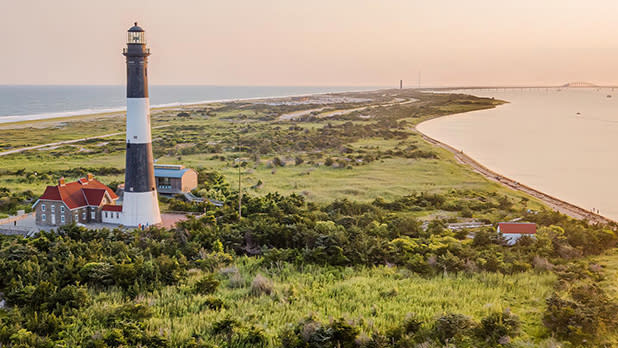 Aerial view of the Fire Island Lighthouse on the western end of the Fire Island National Seashore