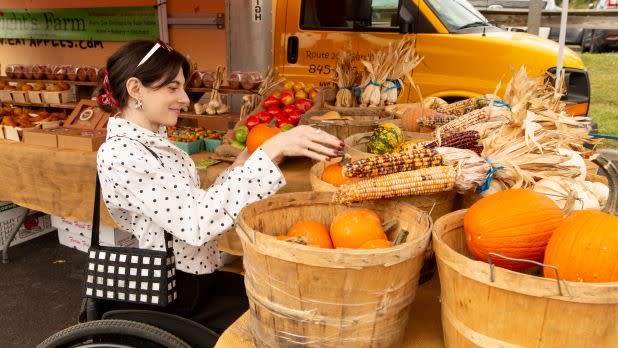 a woman in a wheelchair looks through buckets of small pumpkins and other fall produce at a farm stand at the Beacon Farmers Market