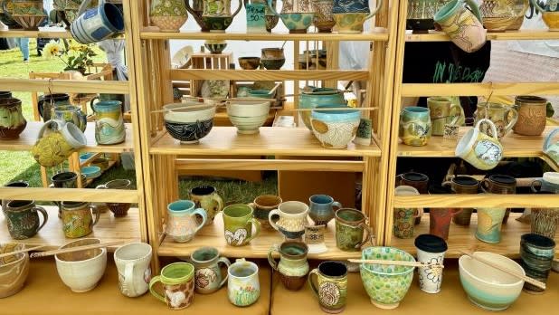 A collection of ceramic mugs and cups on display at the Clothesline Festival held on the grounds of the Memorial Art Gallery in Rochester.