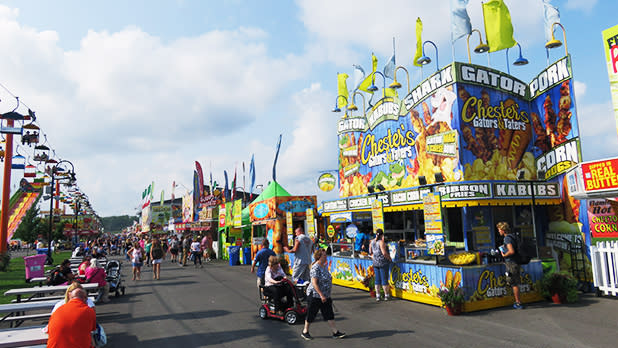 Bustling Great New York State Fair midway lined with colorful food vendor booths like "Chester's Gators & Taters" under a blue sky.
