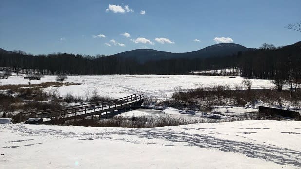 View of snowy grasslands leading to a view of the Catskill Mountains