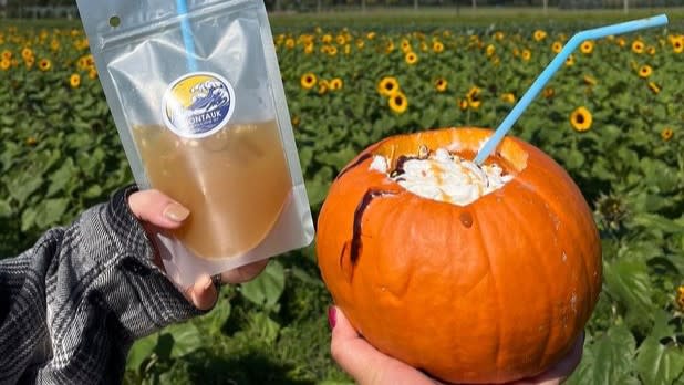 Two hands holding cocktails in front of a sunflower field - one in a small orange pumpkin with a blue straw and the other in a resealable drink bag