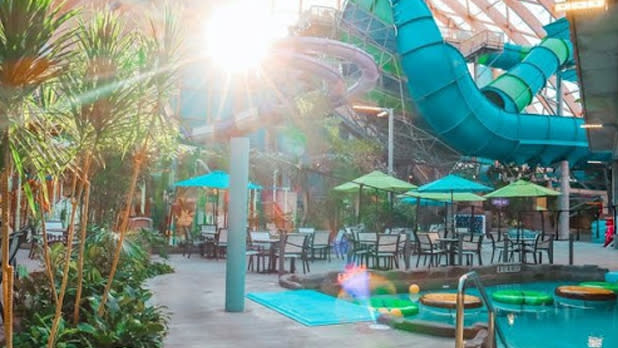 Interior of blue and green waterslides winding through green plants, pools, and umbrellas