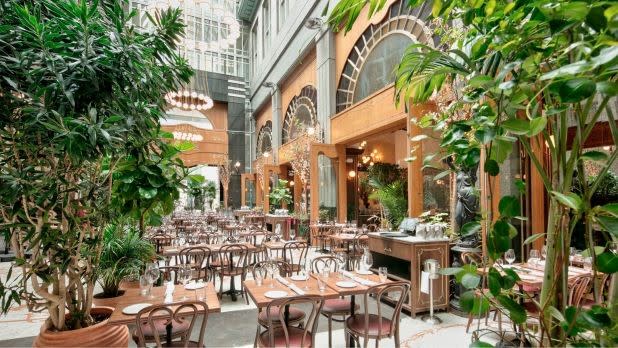 The elegant dining room of La Grande Boucherie in New York City filled with green plants set for dinner