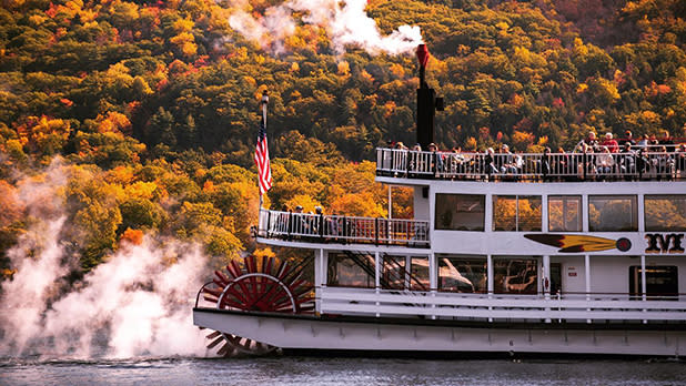 Steamboat Minne-Ha-Ha making its way across Lake George on a fall foliage cruise