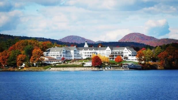 The Sagamore Resort on Lake George surrounded by Adirondack mountains in fall