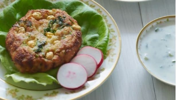 Lebanese chickpea patty on a plate with sliced radish