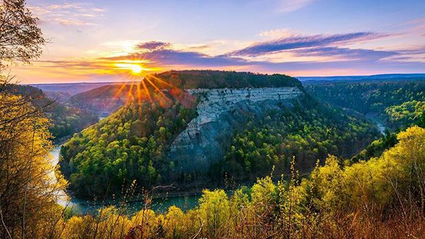 Views of the river and hills at Letchworth State Park at sunset