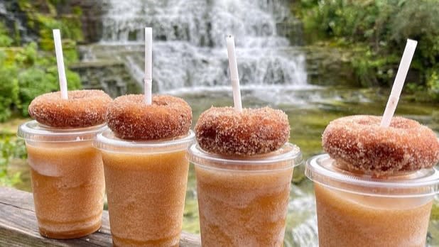 Four apple cider slushies topped with apple cider donuts lined up on a fence overlooking a waterfall