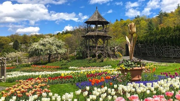 Colorful tulips surround a statue in the gardens at Mohonk Mountain House